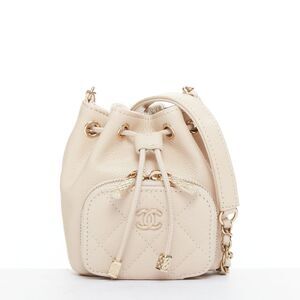 CHANEL nude grained leather quilted CC mini pocket bucket crossbody chain bag